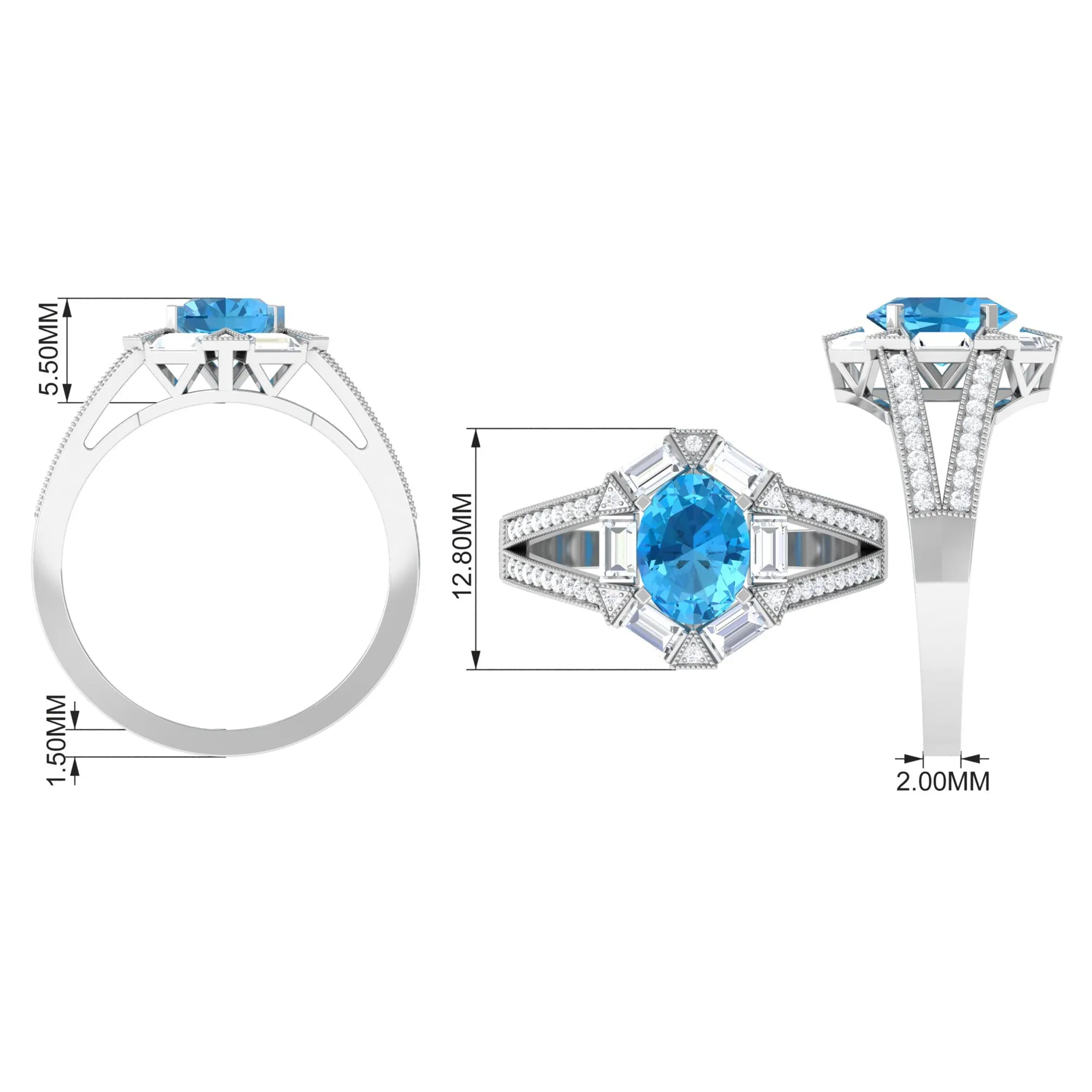 1.75 CT Oval Swiss Blue Topaz Art Deco Engagement Ring with Moissanite