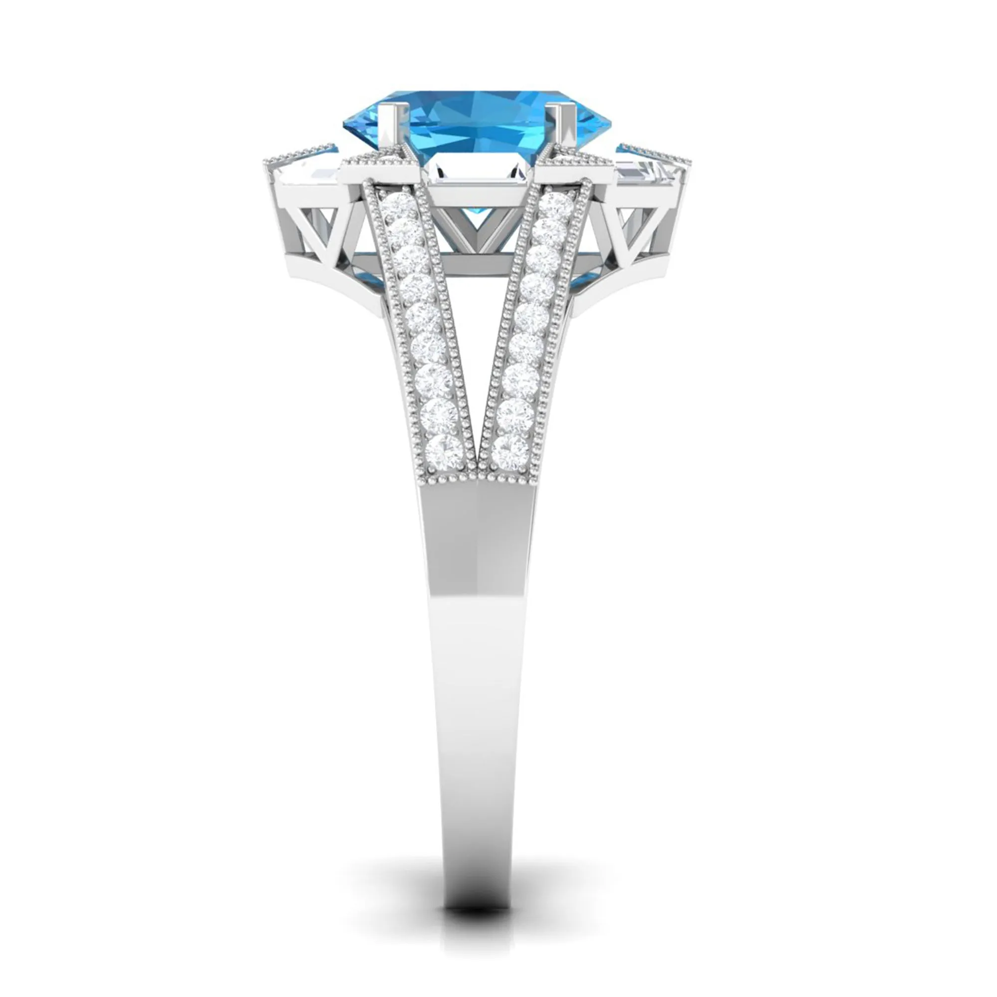 1.75 CT Oval Swiss Blue Topaz Art Deco Engagement Ring with Moissanite
