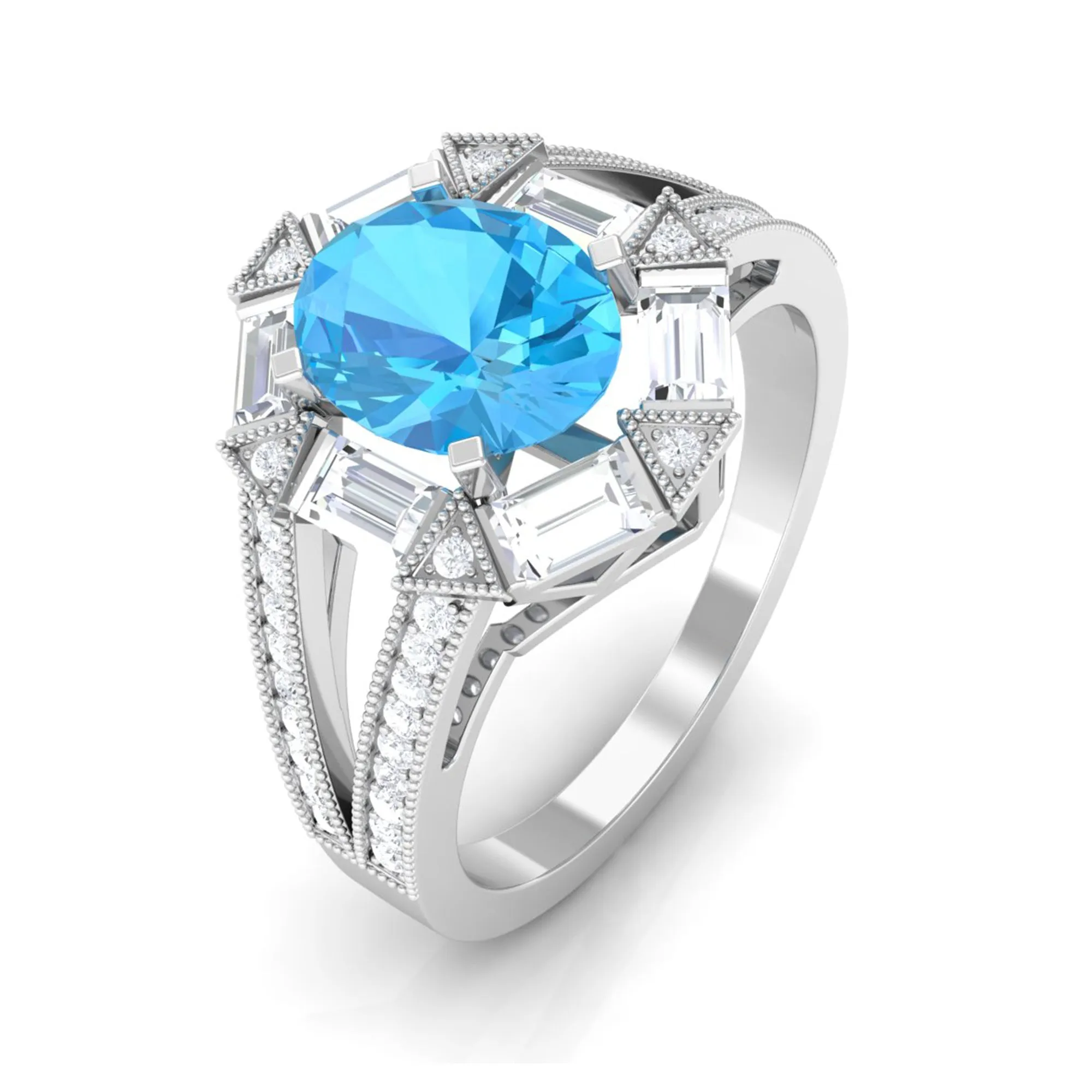 1.75 CT Oval Swiss Blue Topaz Art Deco Engagement Ring with Moissanite