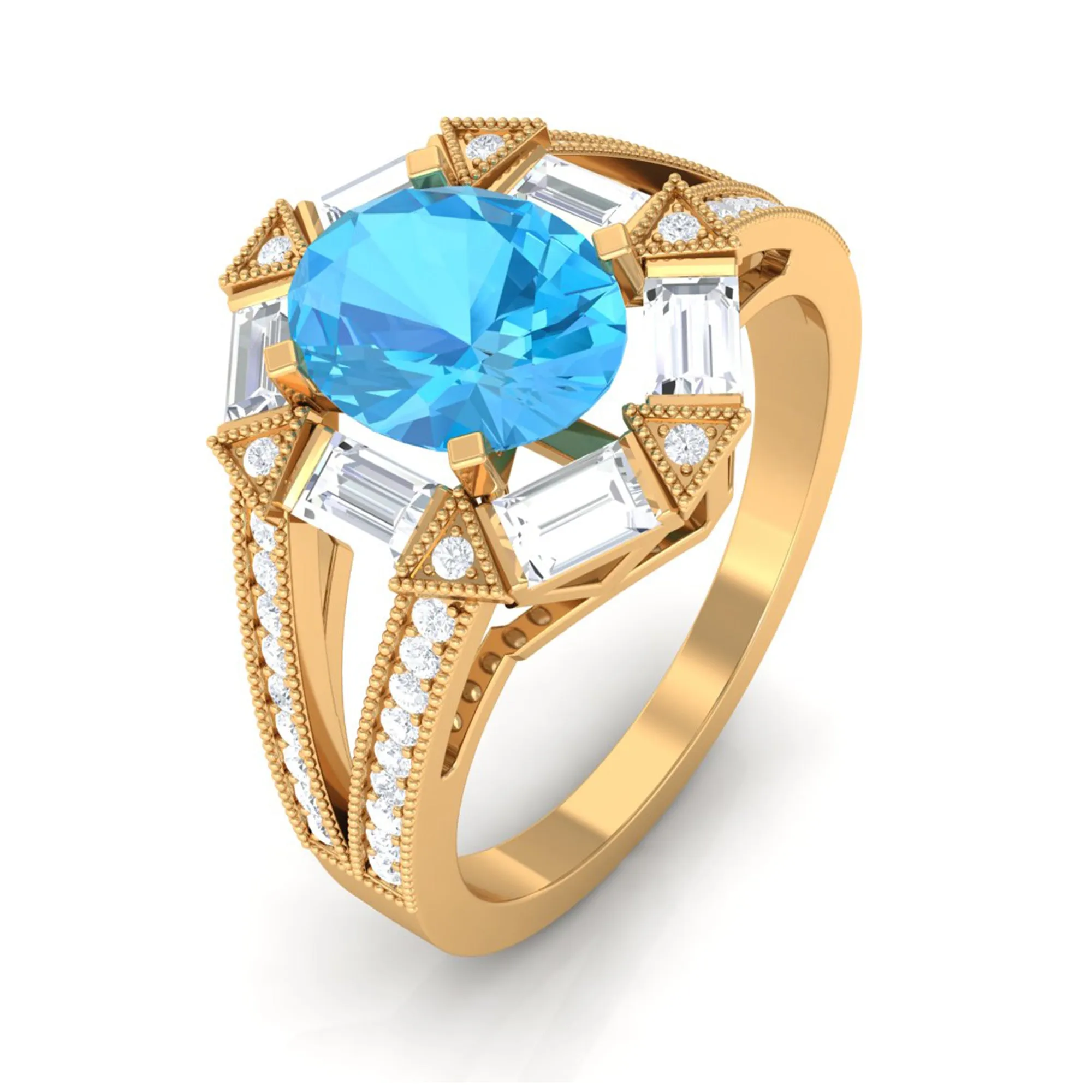 1.75 CT Oval Swiss Blue Topaz Art Deco Engagement Ring with Moissanite