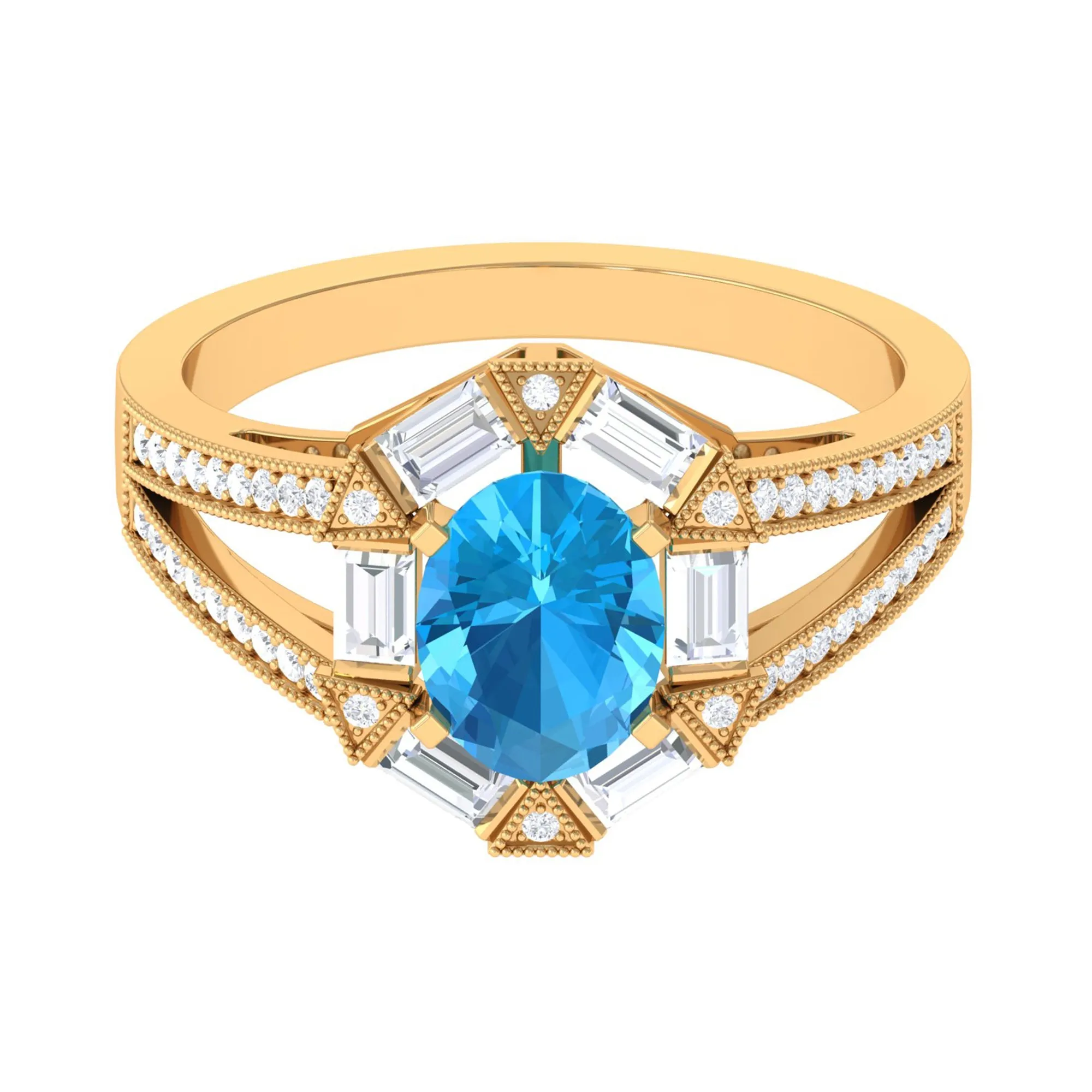 1.75 CT Oval Swiss Blue Topaz Art Deco Engagement Ring with Moissanite