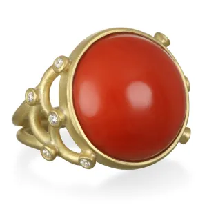 18 Karat Gold Coral and Diamond Scallop Ring