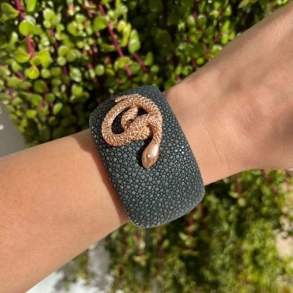 18K RG Serpent On Stingray Cuff Diamond Eyes .02tcw 66.7g, Regard Jewelry Austin, Texas
