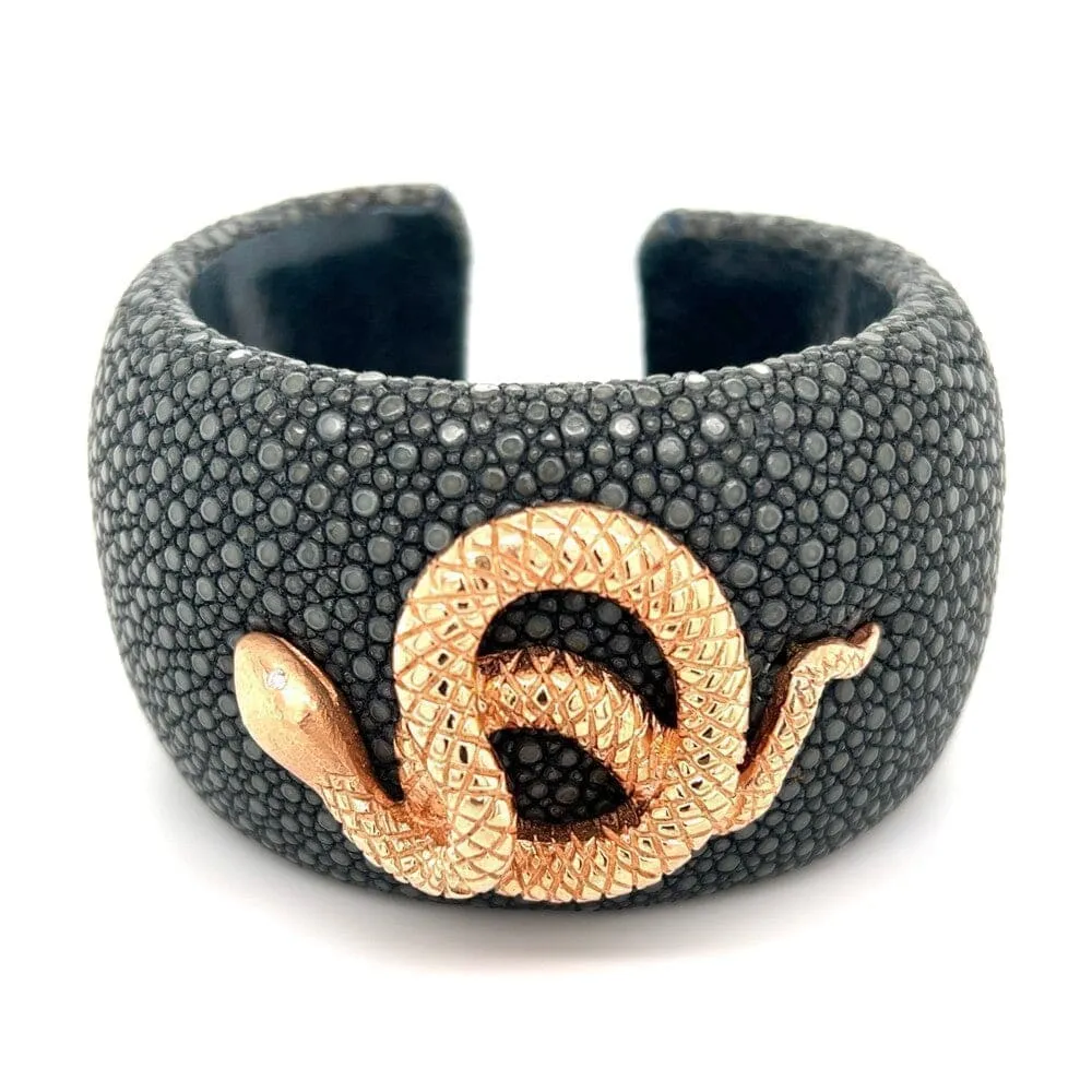 18K RG Serpent On Stingray Cuff Diamond Eyes .02tcw 66.7g, Regard Jewelry Austin, Texas