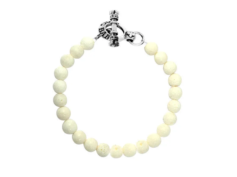 8mm White Coral Bead Bracelet with silver toggle clasp