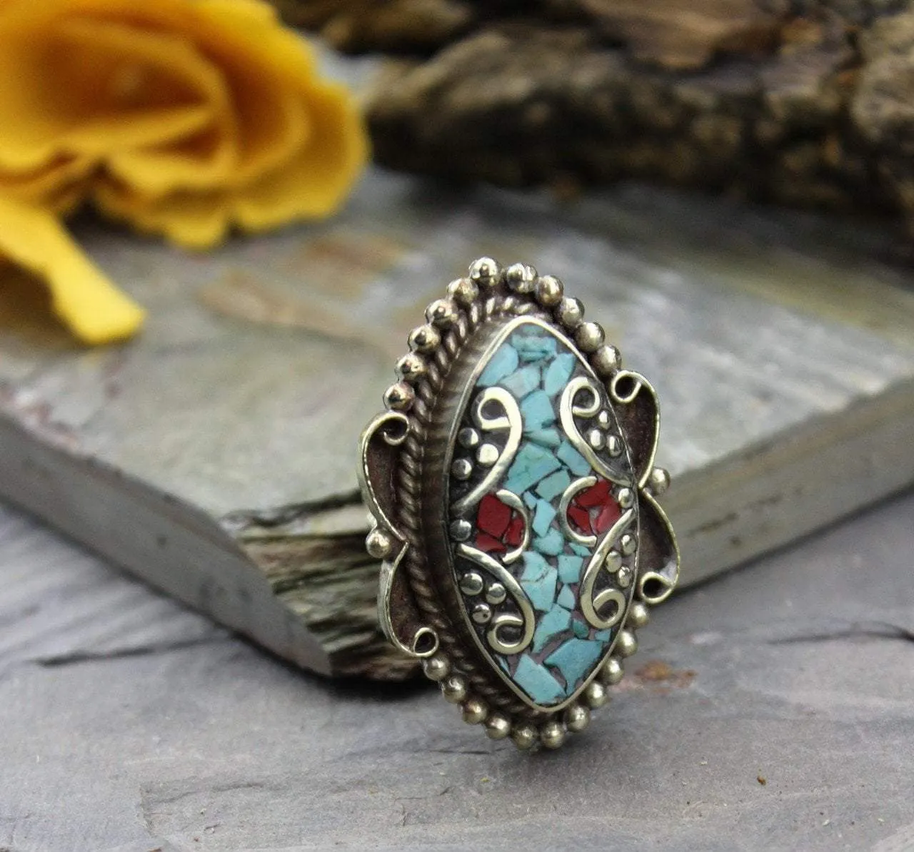 Adjustable Tibetan Coral and Turquoise Ring
