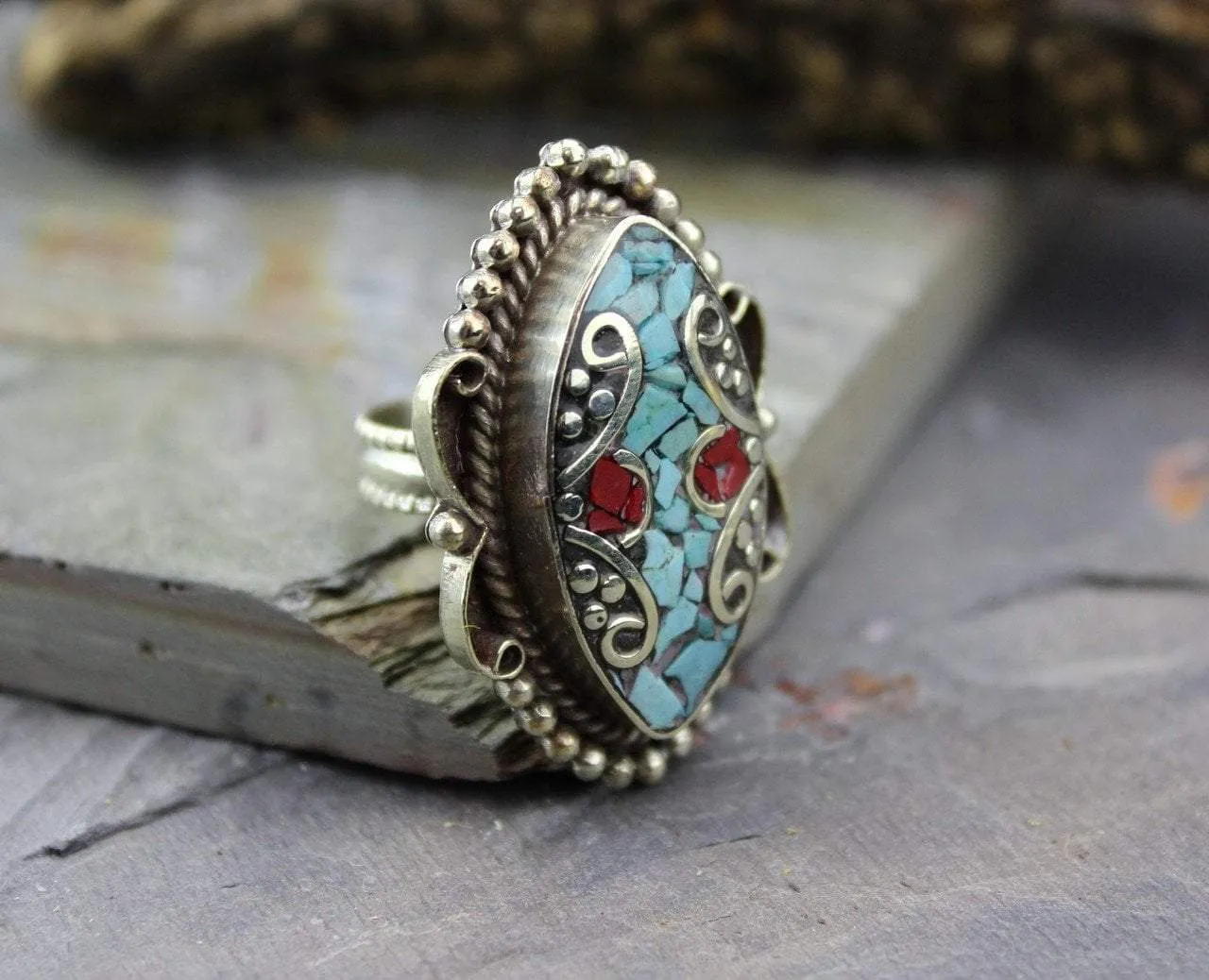 Adjustable Tibetan Coral and Turquoise Ring