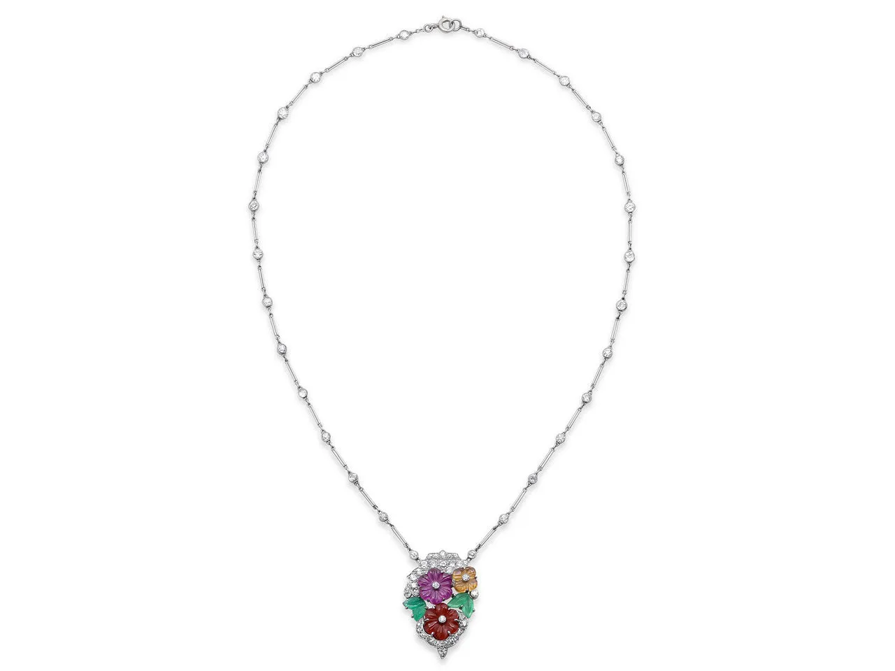 Art Deco Diamond and Multi-Gemstone Floral Pendant Necklace in Platinum