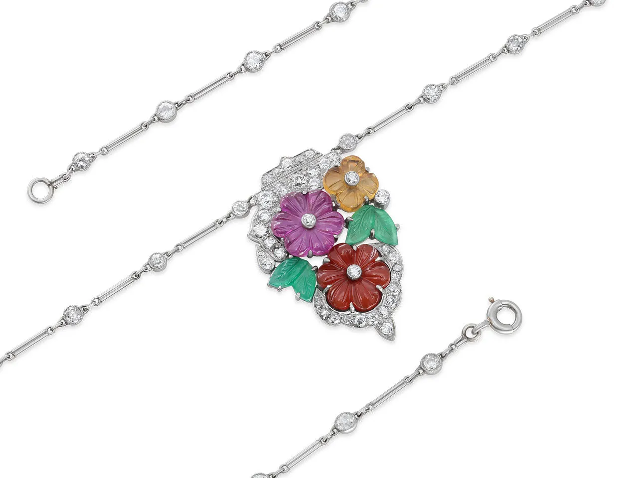 Art Deco Diamond and Multi-Gemstone Floral Pendant Necklace in Platinum