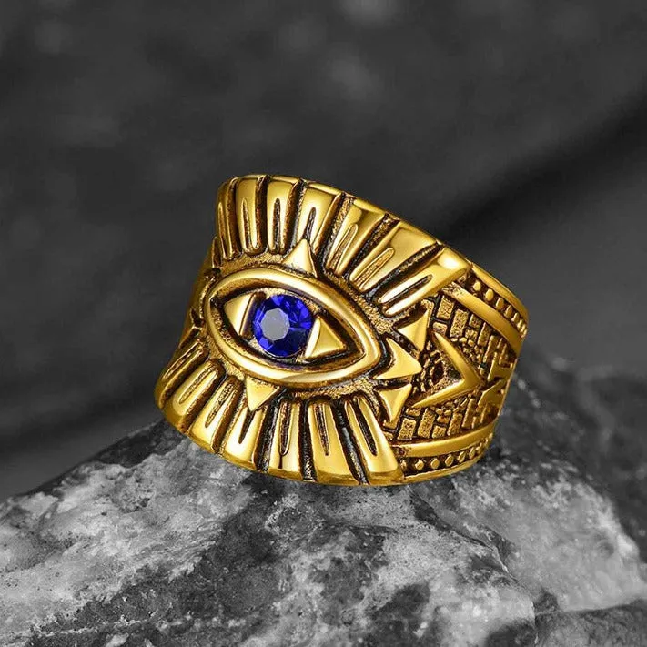 Blue Sapphire All Seeing Eye Stainless Steel Ring