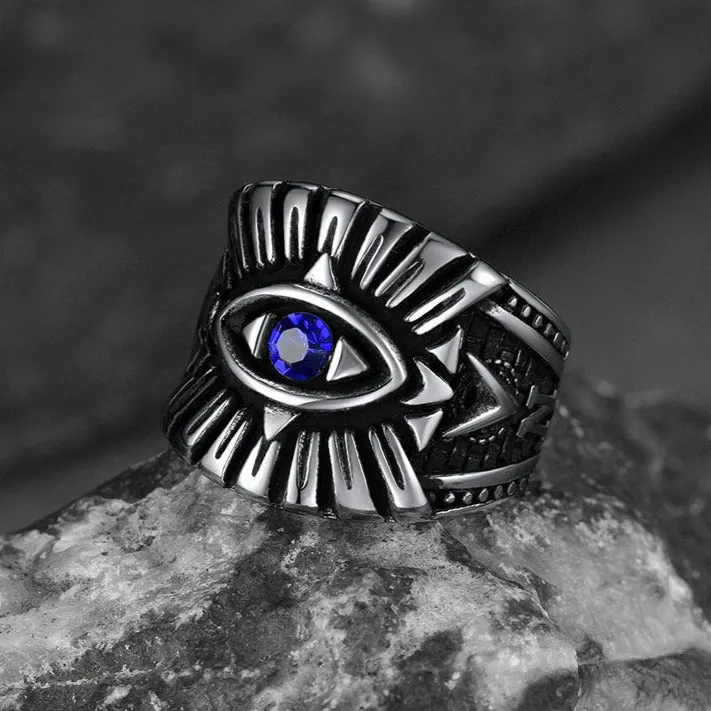 Blue Sapphire All Seeing Eye Stainless Steel Ring