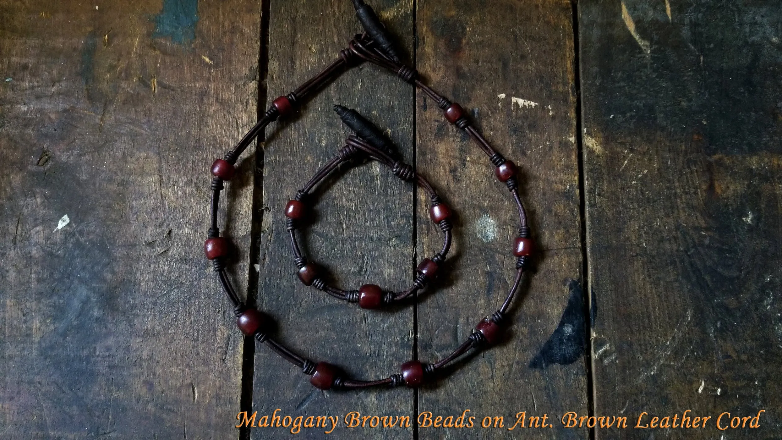 Chuma African Trade Beads Leather Necklace & Bracelet Set w/ Leather Button & Loop Clasp - SS1115