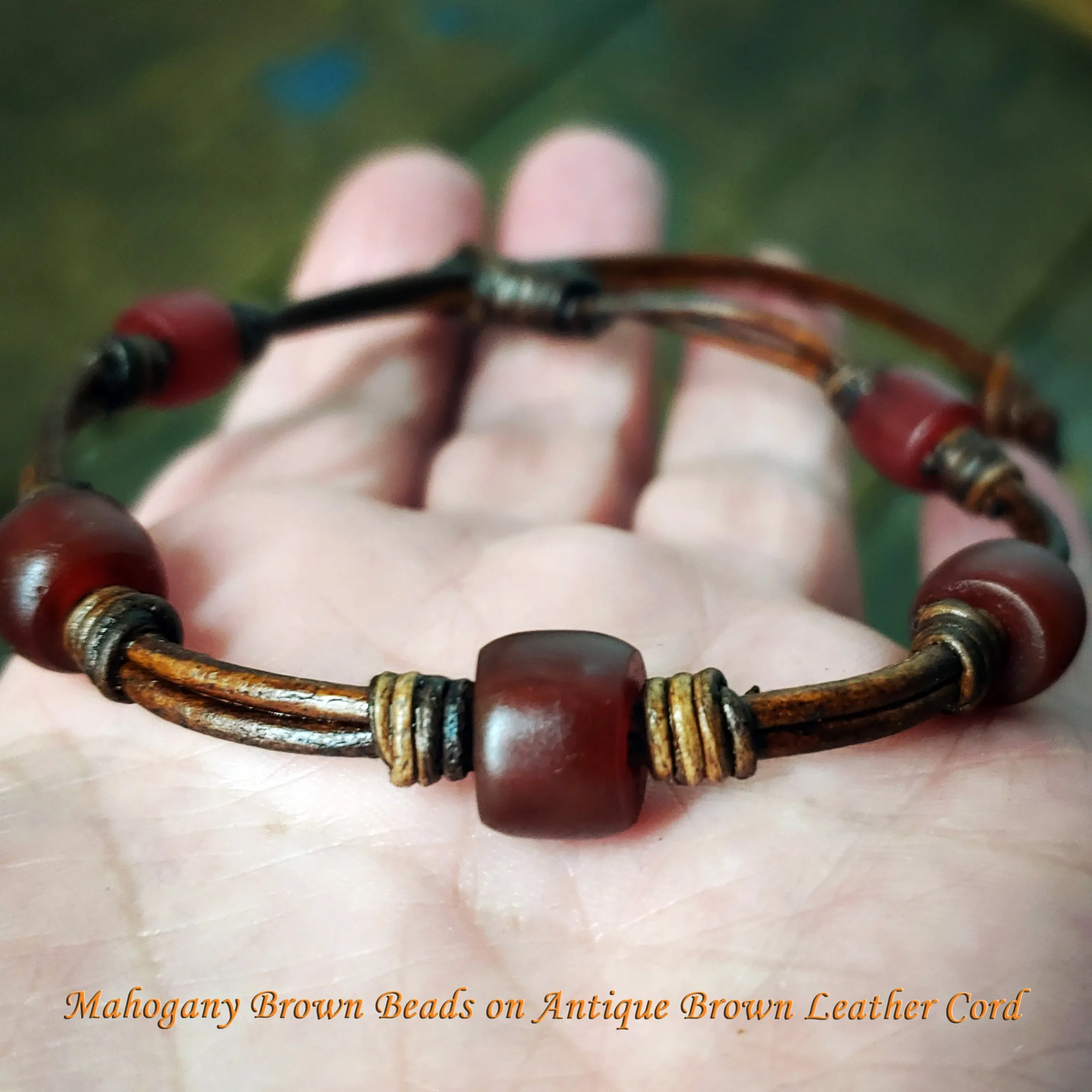 Chuma African Trade Beads Leather Necklace & Bracelet Set w/ Leather Button & Loop Clasp - SS1115