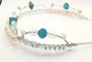 Eleanor - White and Clear Blue Beads Handwired Silver Headband with Green Aventurine on the Arches