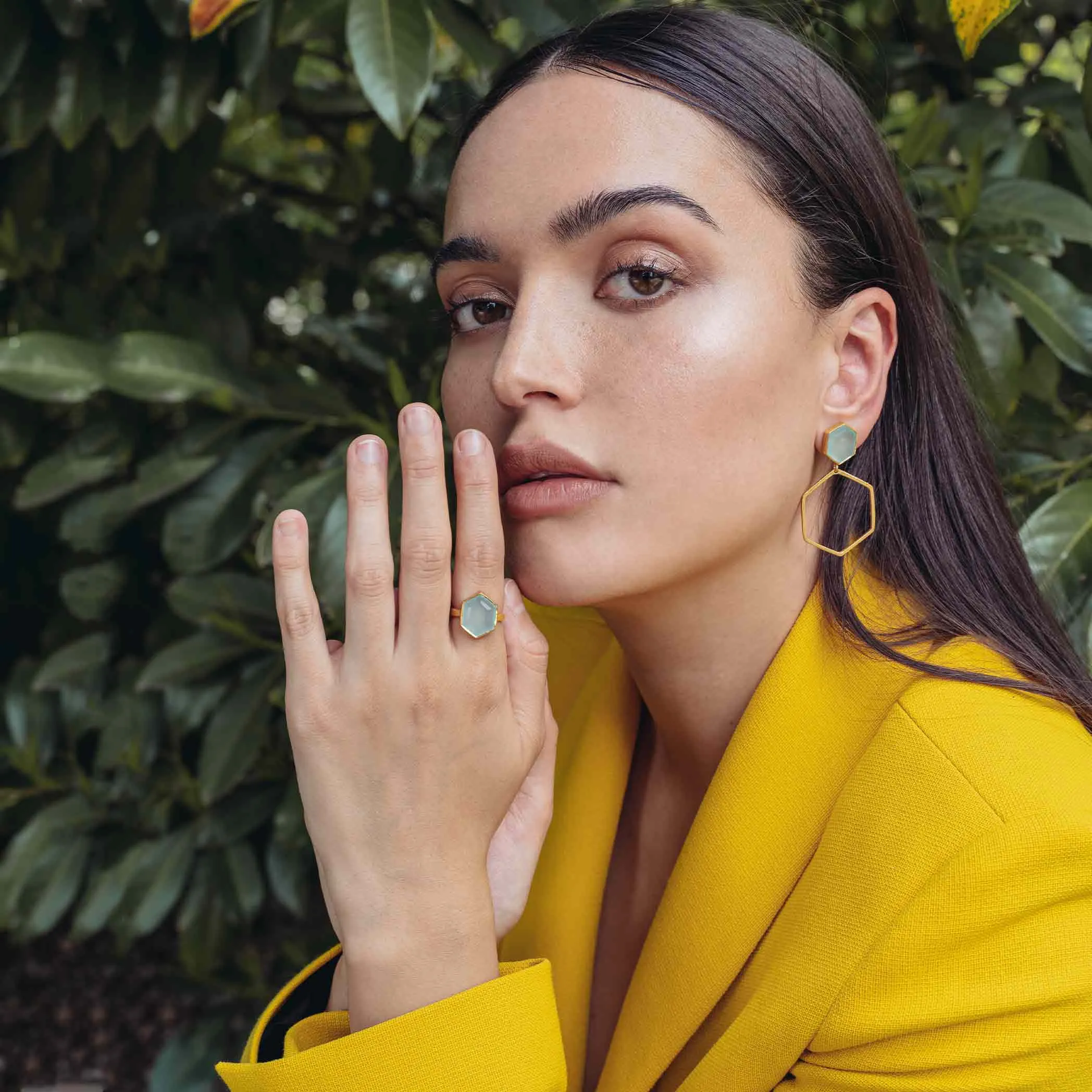 Geo Glam Hexagon Smoky Quartz Statement Earrings Gold