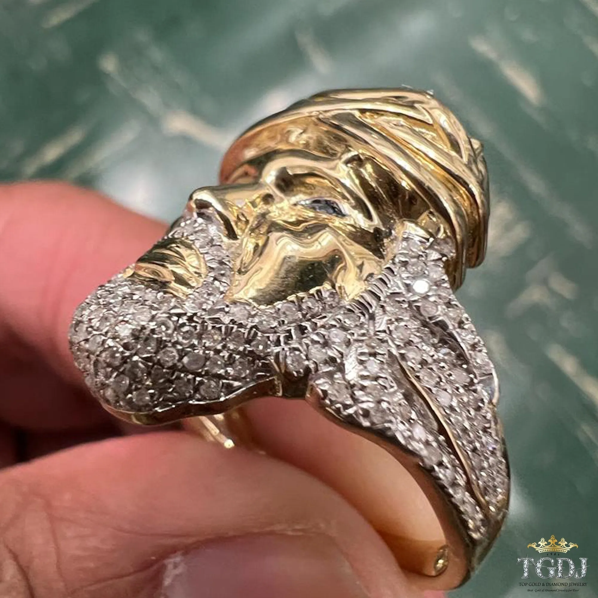 Gold Signet Christ Jesus 0.45ct Diamond Mens Ring , Christian , 10K Gold Christian Gift Jewelry ,10K Religious Relief Jesus Gift Mens Rings