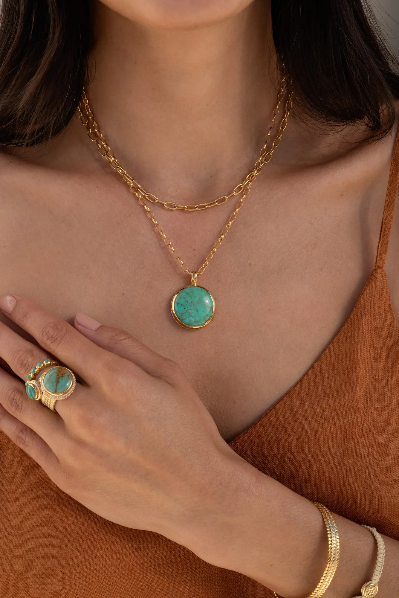 Large Round Turquoise Pendant - Gold - NK10575-GTQ