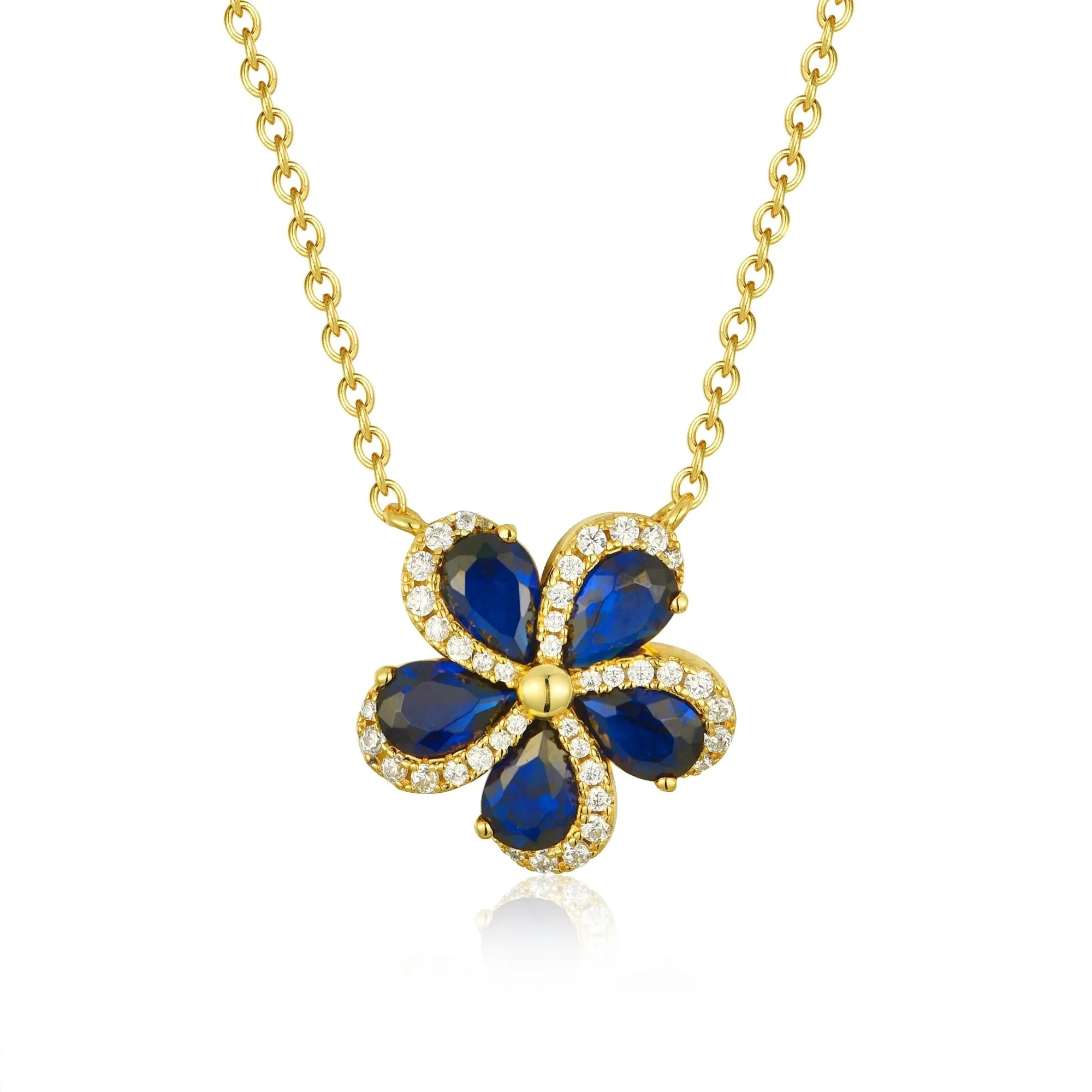 Sterling Silver 5 Petal Colored Stone Micropave Swirl Flower Necklace