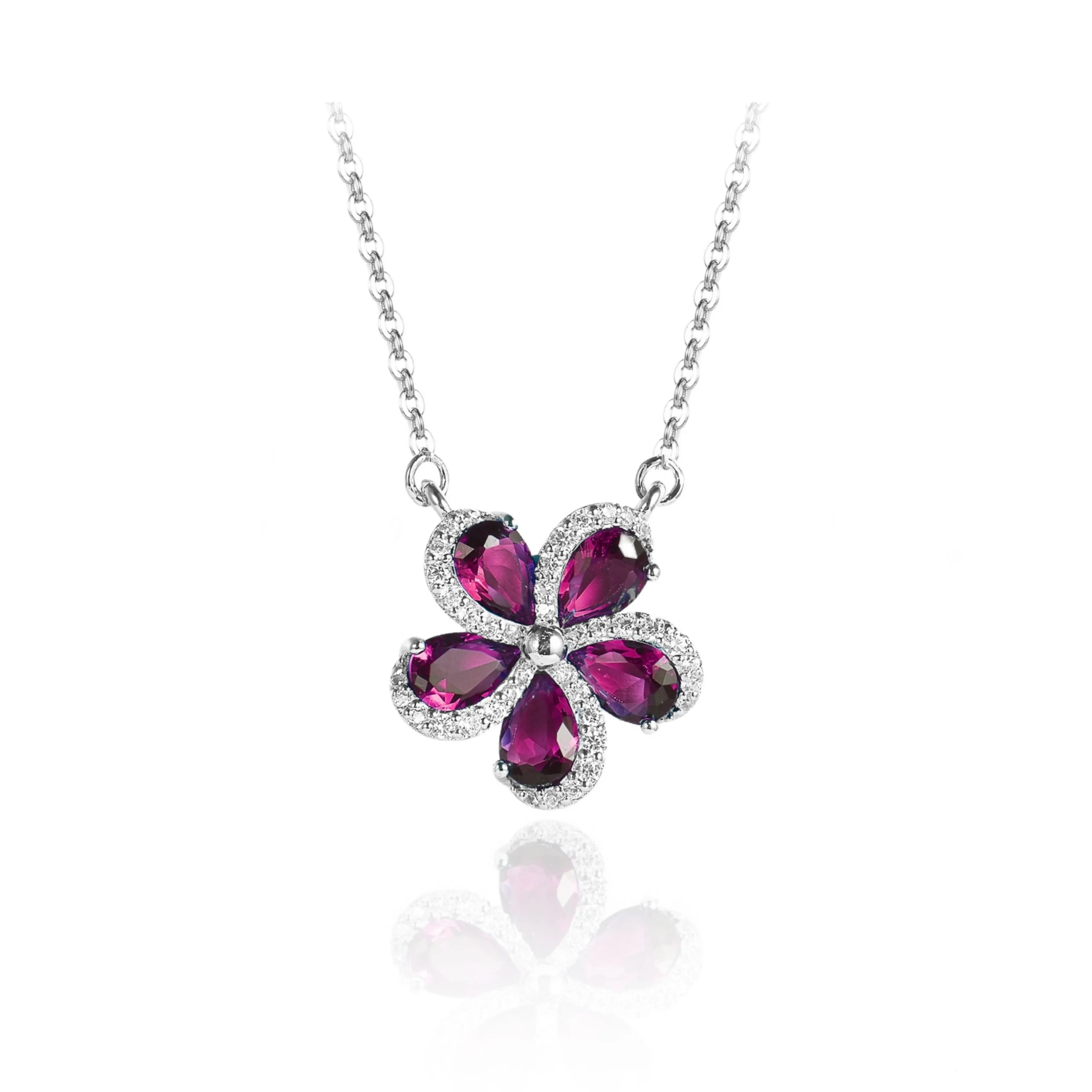 Sterling Silver 5 Petal Colored Stone Micropave Swirl Flower Necklace