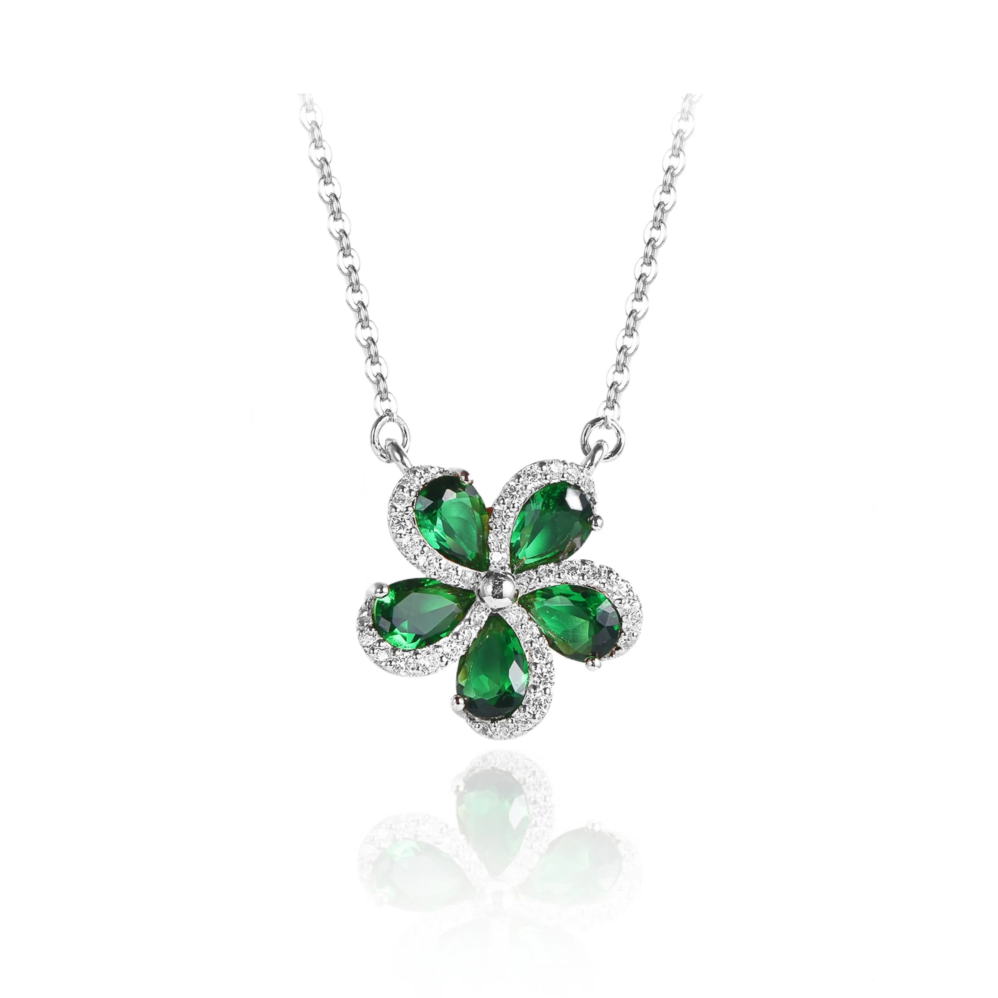 Sterling Silver 5 Petal Colored Stone Micropave Swirl Flower Necklace