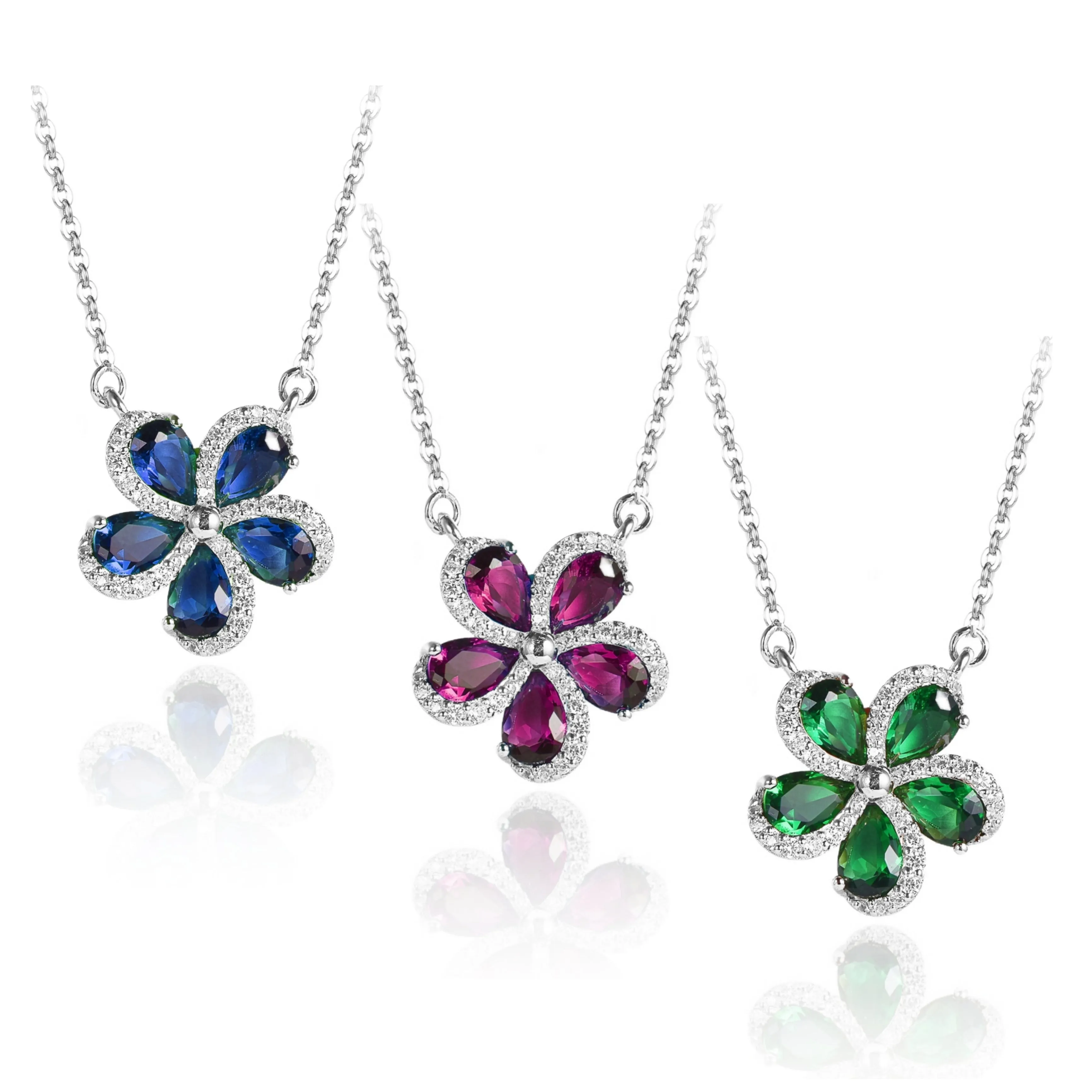 Sterling Silver 5 Petal Colored Stone Micropave Swirl Flower Necklace