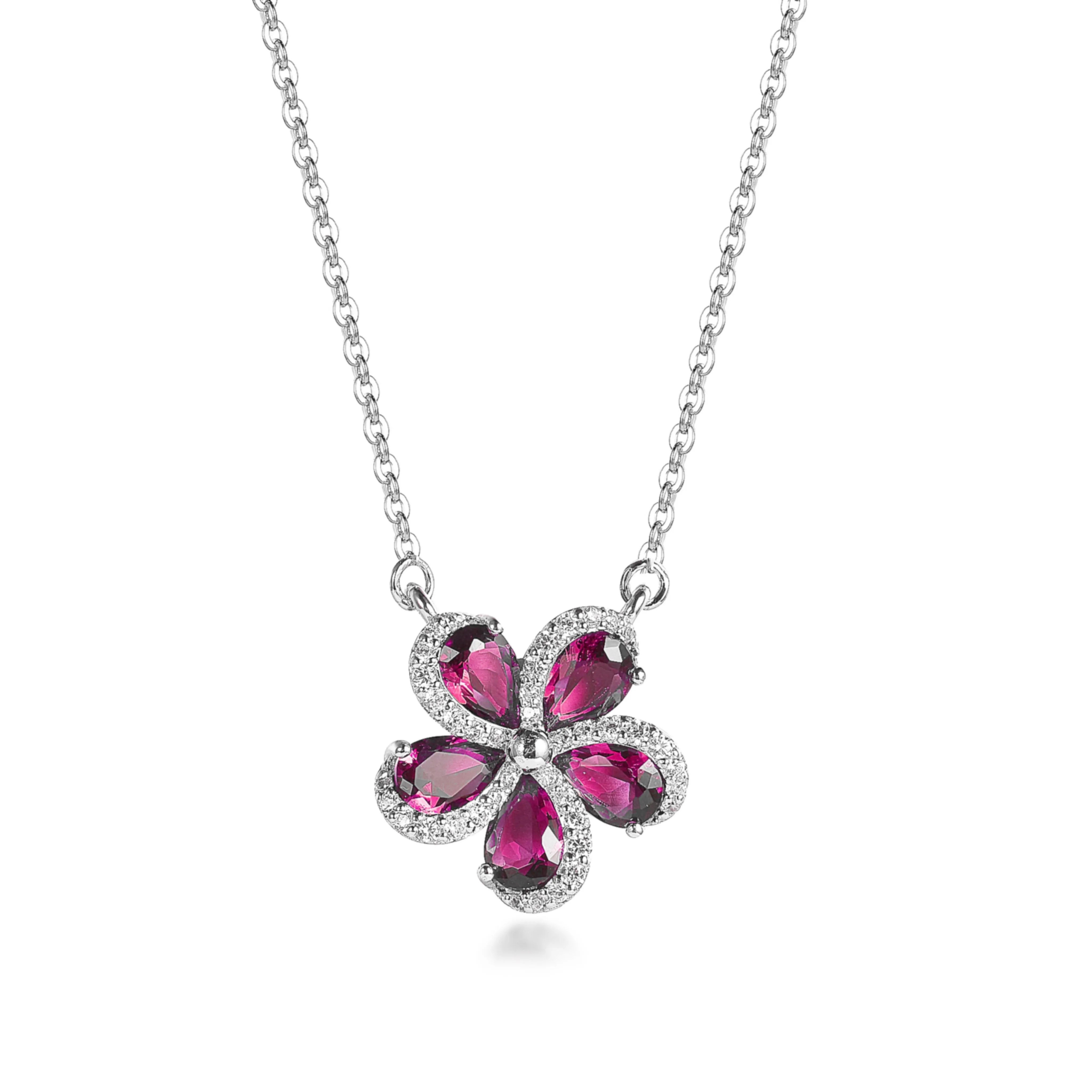 Sterling Silver 5 Petal Colored Stone Micropave Swirl Flower Necklace