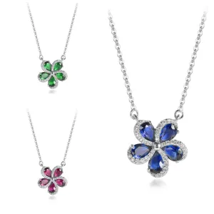Sterling Silver 5 Petal Colored Stone Micropave Swirl Flower Necklace