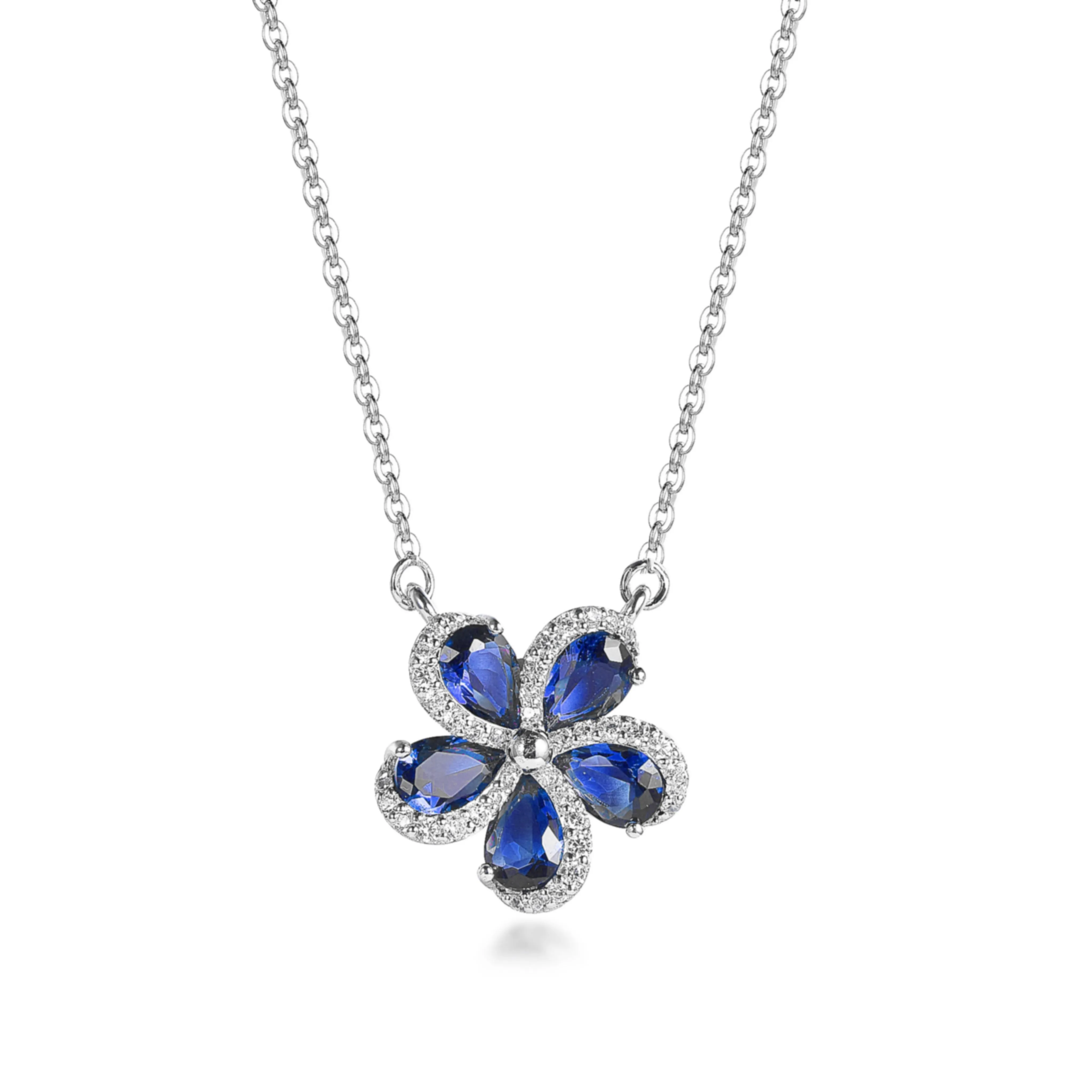 Sterling Silver 5 Petal Colored Stone Micropave Swirl Flower Necklace