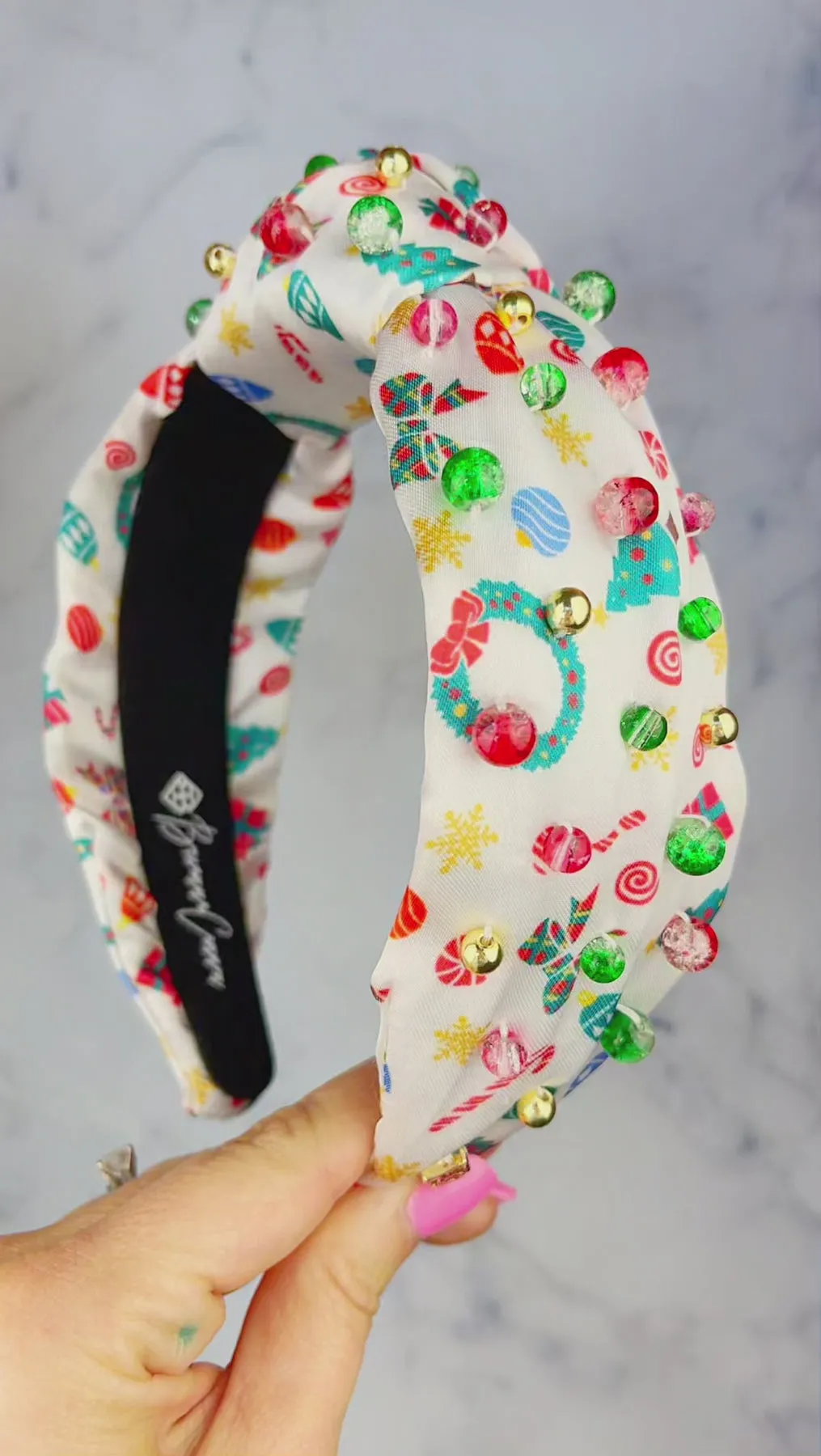 White Satin Headband with Christmas Print