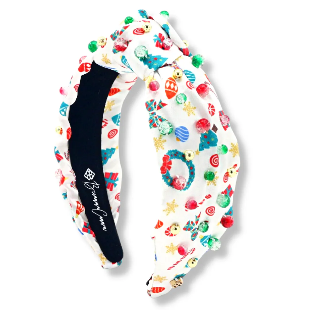 White Satin Headband with Christmas Print