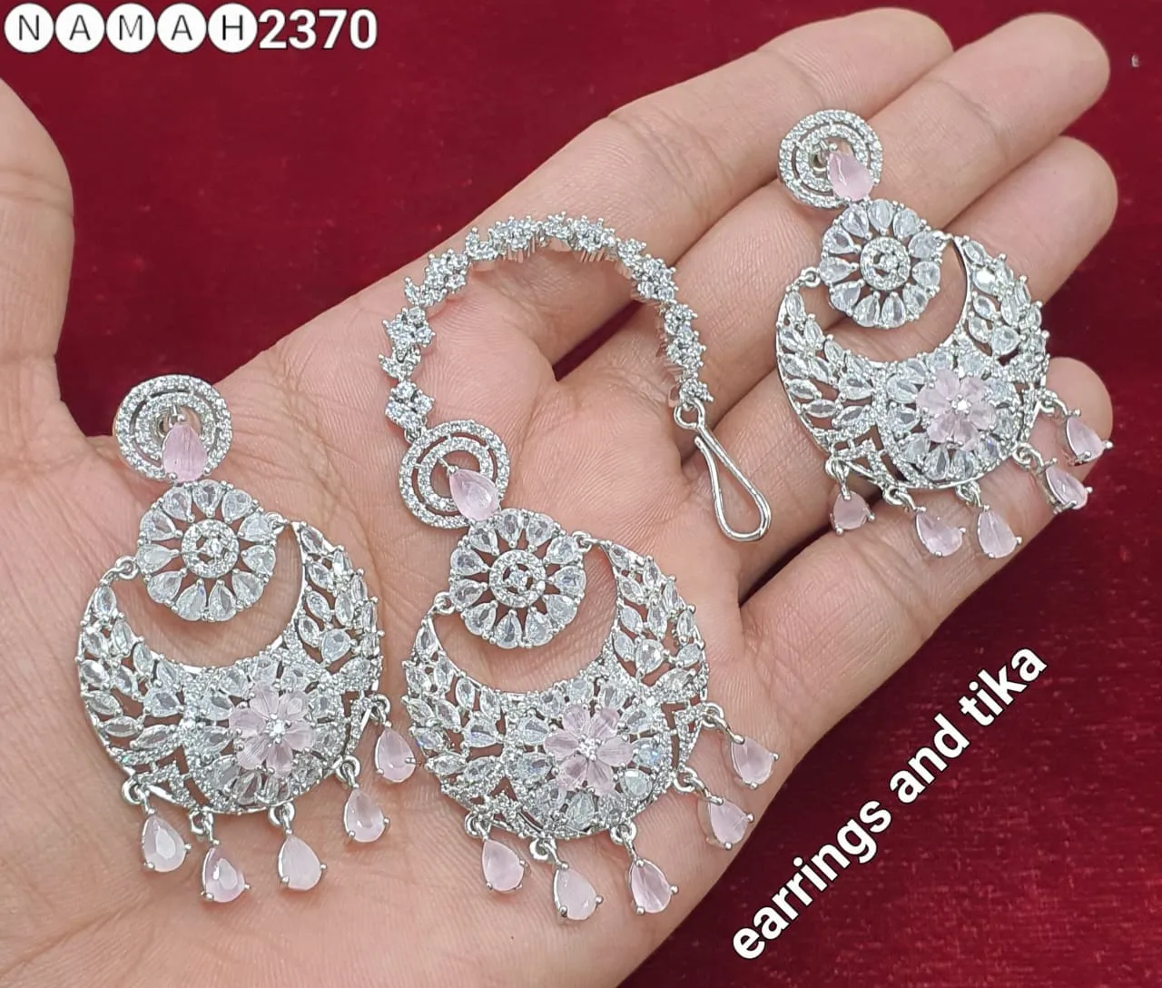 Women's Designer American Diamond Antique Stone Earrings & Tikka Set